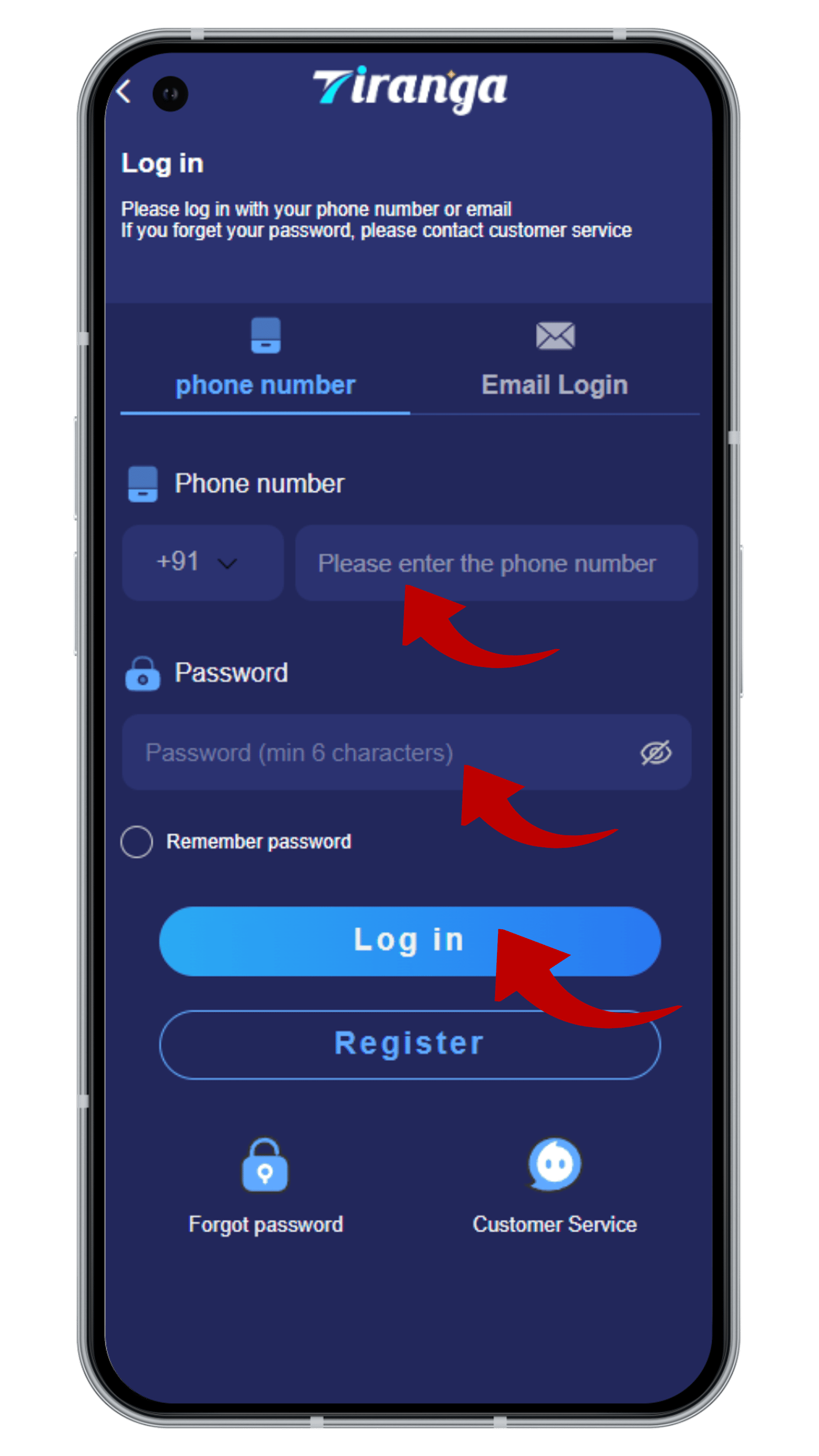 Registered Mobile Number and Password